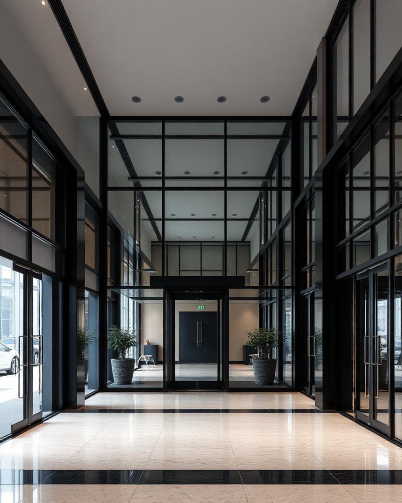 Commercial office lobby interior with glass partitions