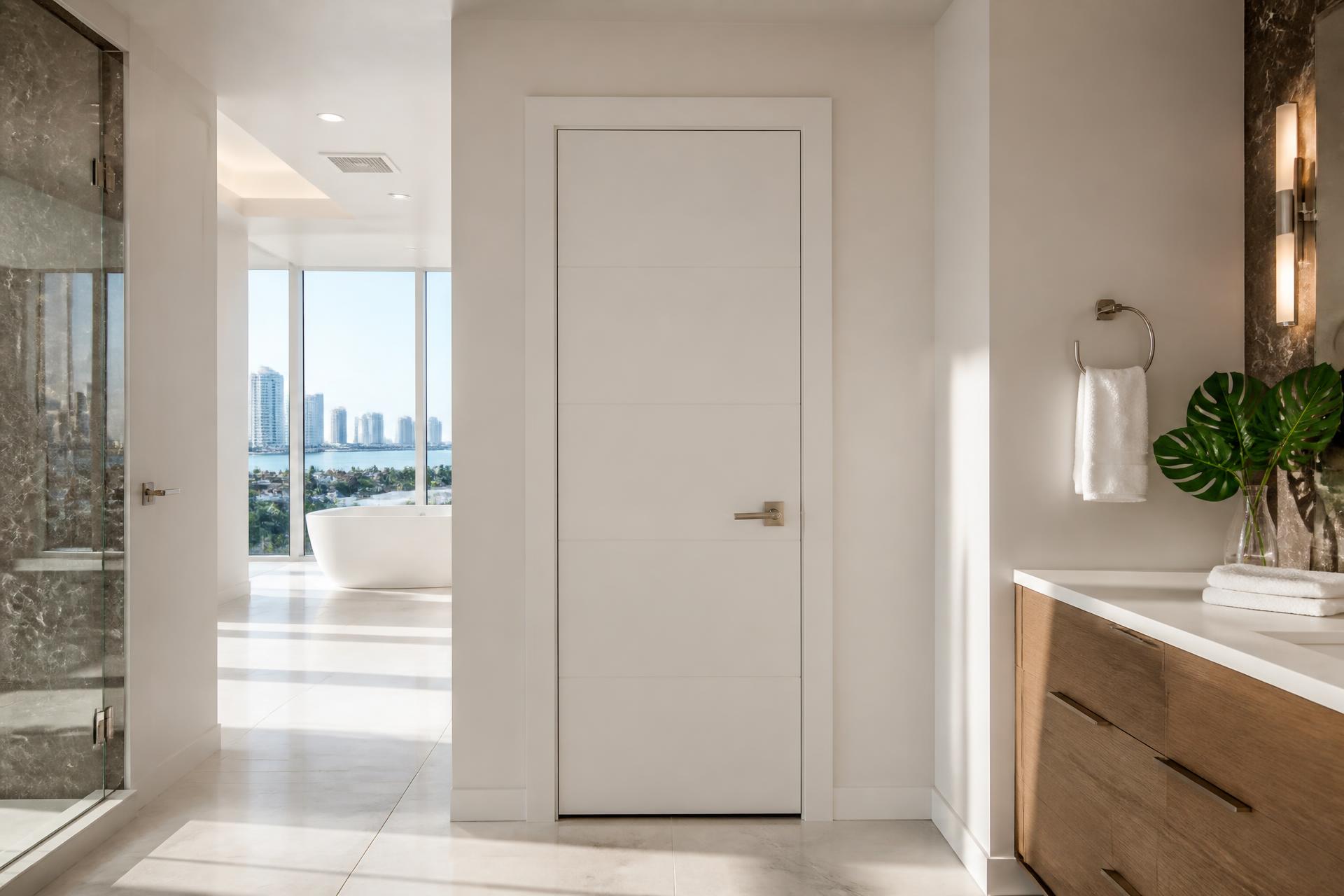 Modern waterproof polymer interior door installed in a bright Miami bathroom